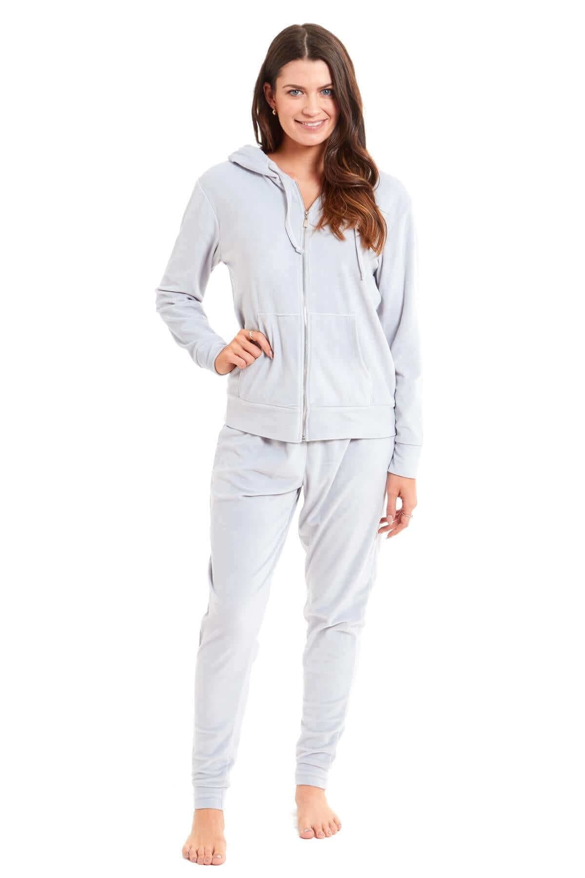 Women's Velour Fleece Hooded Zip Track Suit Velvet Loungewear Set with Elastic Waistband by Daisy Dreamer
