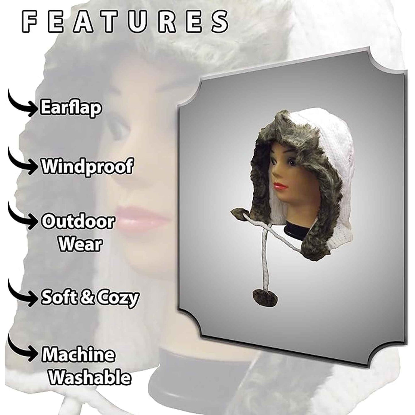 Women's Winter Chunky Knit Hood Hat with Faux Fur Trim and Pom Poms Warm Acrylic One Size Fits All in Cream Beige and Black by Sock Stack