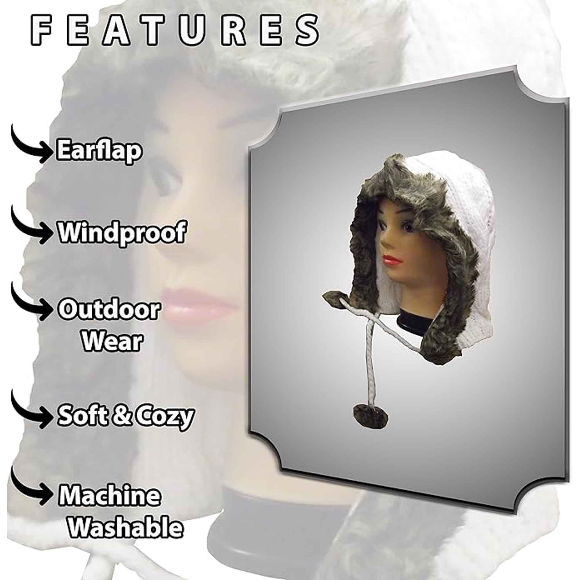 Women's Winter Chunky Knit Hood Hat with Faux Fur Trim and Pom Poms Warm Acrylic One Size Fits All in Cream Beige and Black by Sock Stack