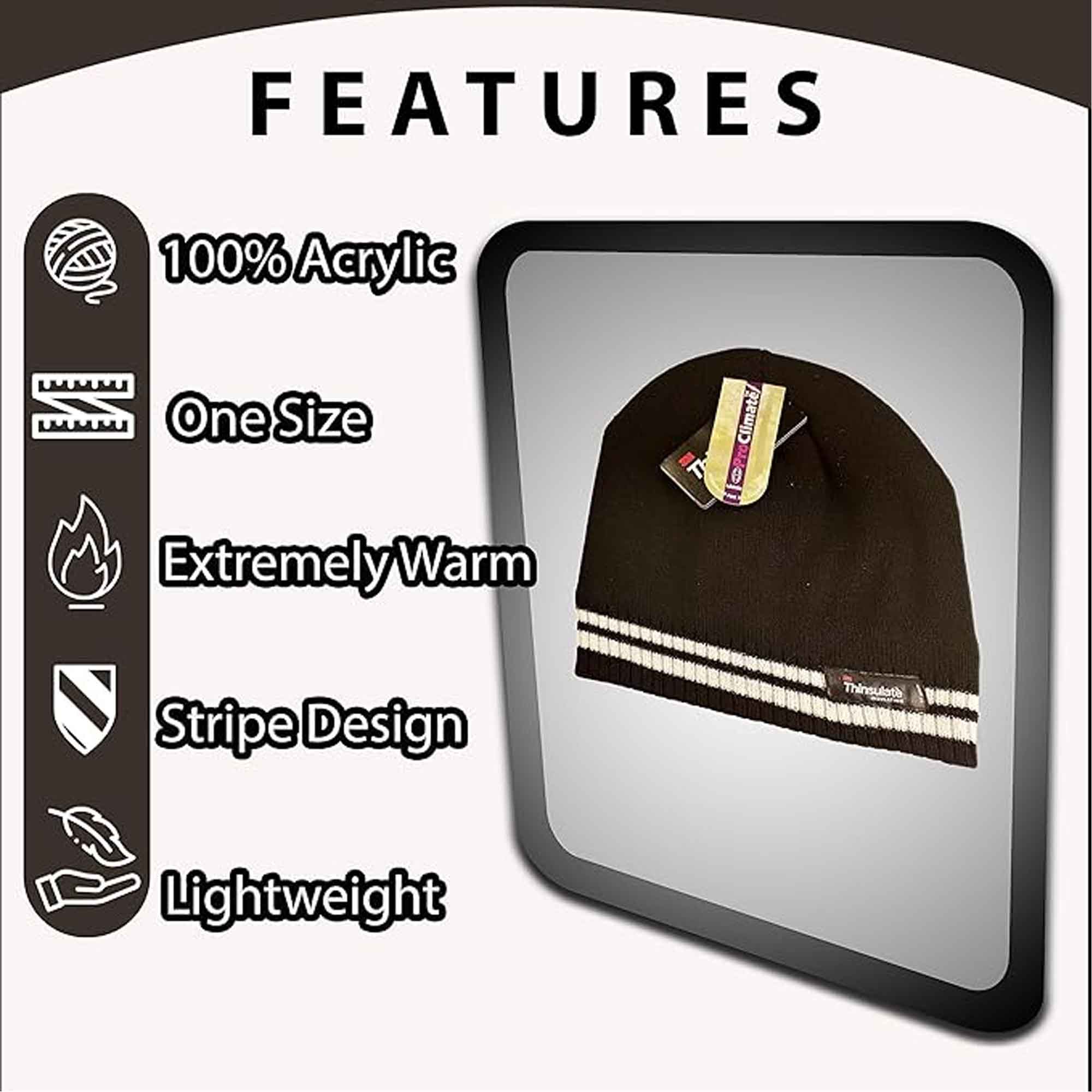 Women's Winter Thermal Beanie Hat with Striped Design and 3M Thinsulate Insulation Warm Acrylic Knit Cap for Cold Weather Fashion Black Red Navy Purple by Sock Stack