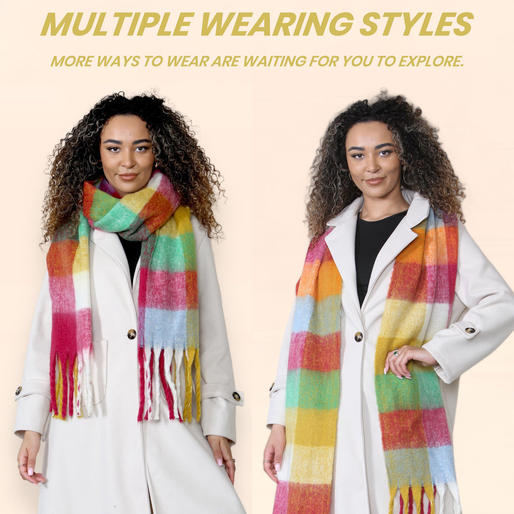 Women’s Yellow Burgundy Chunky Knit Bright Plaid Blanket Scarf Long Winter Wrap Warm Check Shawl with Tassels Gift for Ladies by Daisy Dreamer