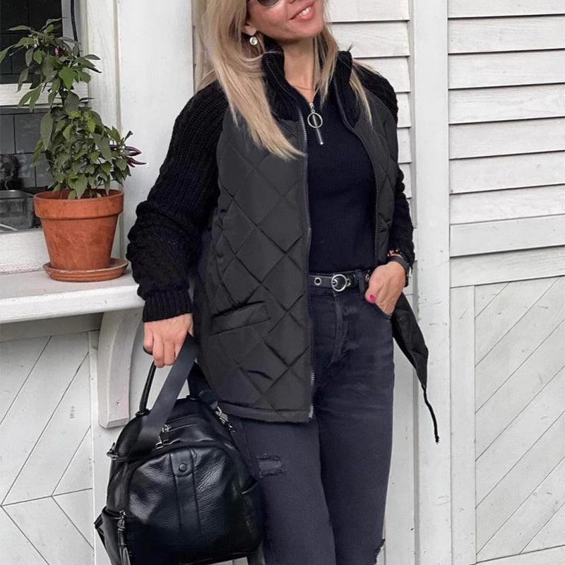 Women Stand Collar Fashion Knitted Stitching Jacket
